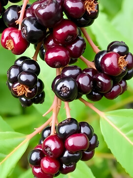shiny berries, ose up of elderberries, berries of elder, green background, black berries, violet and black colors, Sambucus fruits