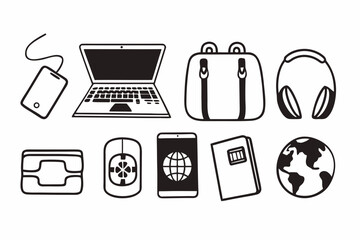A set of icons showing essential gear for a digital nomad lifestyle