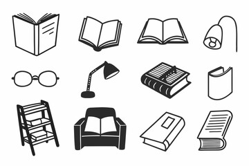 A set of simple black icons representing books and reading