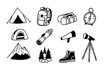 A set of simple black outline icons for camping and outdoor adventure
