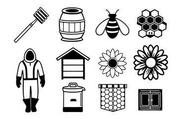 A set of simple icons for beekeeping and honey production