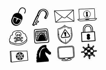 A set of sketched icons illustrating types of cyber attacks