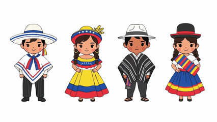 Cute Cartoon Group of Four Children in Traditional South American Folk Attire