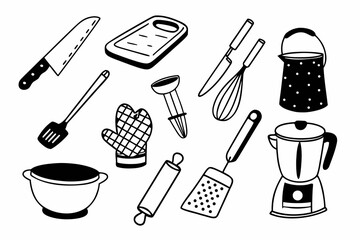 Black and white line art icons of various kitchen utensils