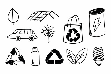 Hand drawn icons representing green and sustainable living