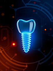 A high-tech visualization of a dental implant, done in a neon style.