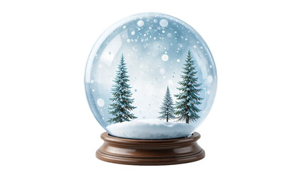 A captivating snow globe featuring three evergreen trees and falling snow on a wooden base design