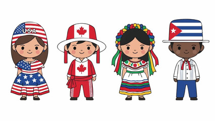 Cute Kawaii Children Representing Diverse North American Cultures and Flags