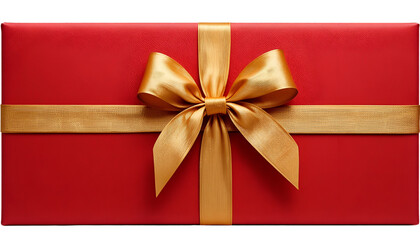 A red rectangular gift box adorned with a luxurious gold ribbon and bow on a dark background plain