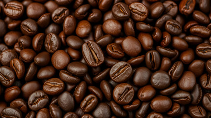 Roasted Coffee Beans: A detailed, inviting close-up of a pile of freshly roasted coffee beans. Each bean, perfectly textured, exudes the rich, dark brown color and subtle sheen.