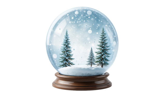 A captivating snow globe featuring three evergreen trees and falling snow on a wooden base design