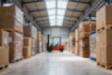 Defocused Background of Large warehouse interior with neatly stacked pallets and well-lit storage space for efficient logistics operations. Blurred Background Photo.
