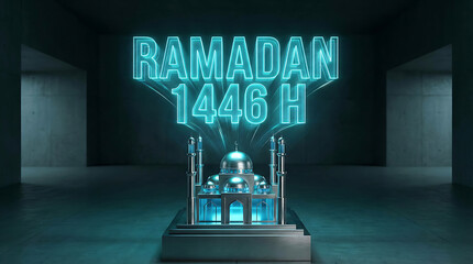 Ramadan 1446 H Hologram with Mosque in Dark Setting.