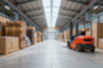 Abstract blurred background of a modern logistics warehouse interior with a forklift, storage racks, and warm sunflare, blurry background for design projects.