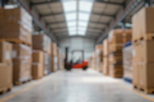 Defocused Background of Large warehouse interior with neatly stacked pallets and well-lit storage space for efficient logistics operations. Blurred Background Photo.