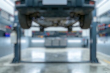 Blur image of Car in garage, auto repair service shop with special repairing equipment In a blurry background, other cars