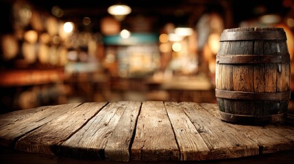 Craft Beer Brewery Setting Featuring Wooden Barrel and Blurred Background Scene