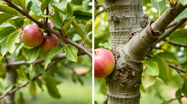 Innovative tree grafting process shown on orchard trees focusing on joining techniques that boost plant vigor and optimize orchard output.