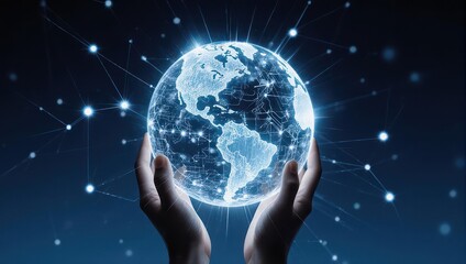 Hands holding glowing digital Earth globe with network connections, global communication concept.