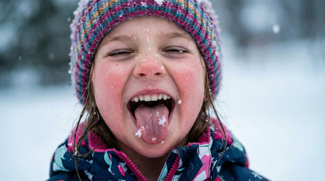 Girl catching snowflakes on her tongue in winter