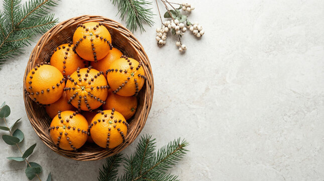 Basket of clove-studded oranges with holiday greenery