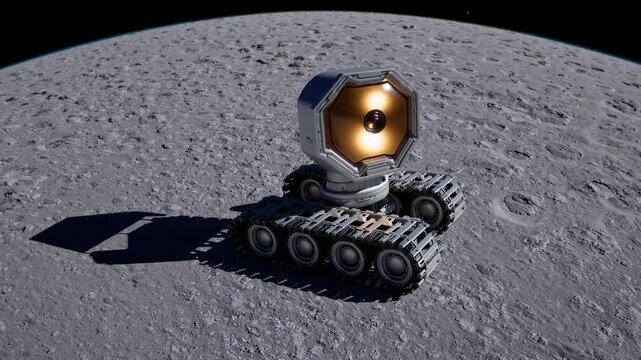 Robotic moon rover scouting the dark lunar surface, repeating in a conceptual grid, showcasing space exploration, advanced technology, and scientific research
