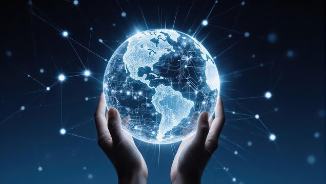 Hands holding glowing digital Earth globe with network connections, global communication concept.