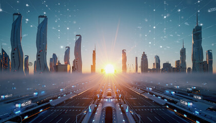 Futuristic Cityscape at Sunrise with Advanced Technology.