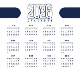 Vector 2026 Year Calendar Printable Template