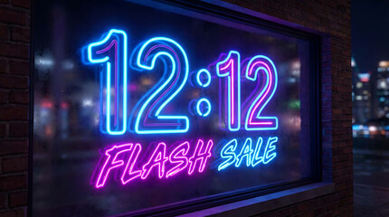 Vibrant 12 12 Flash Sale Neon Sign in a Shop Window at Night.
