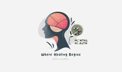 Mental health awareness vector art featuring a human head profile silhouette and an exposed brain. Designed for psychology, wellness, therapy, and healing concepts. Ideal for web and print media.