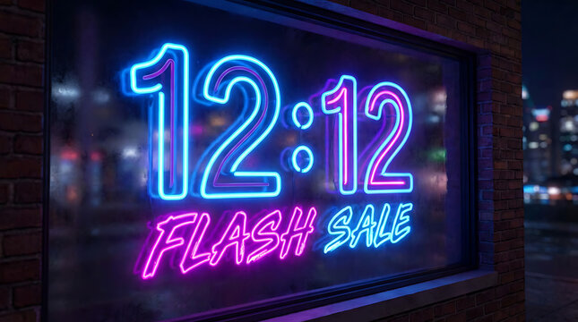 Vibrant 12 12 Flash Sale Neon Sign in a Shop Window at Night. - Powered by Adobe