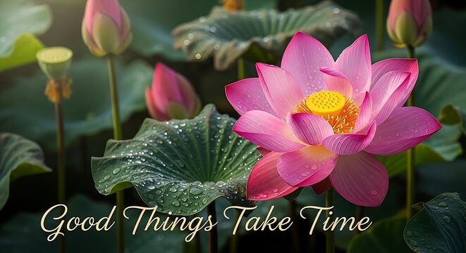 Pink Lotus Flower Blooming in Pond with Good Things Take Time Text.
