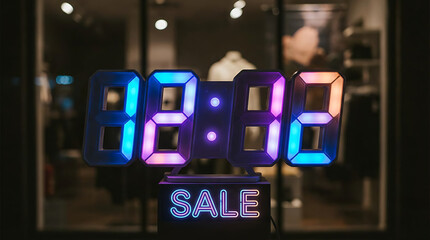 Digital countdown timer with sale sign in a shop window at night.