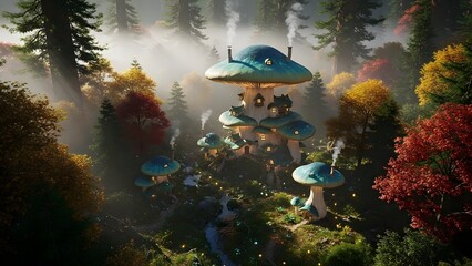 Giant Mushroom Village in a Fantasy Forest