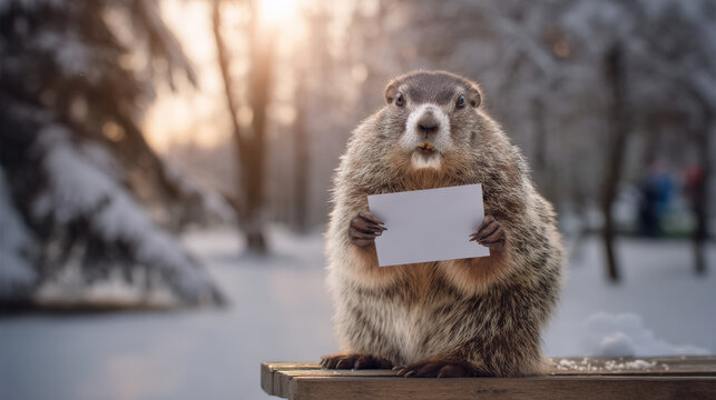 Groundhog holding blank sign in winter landscape, surrounded by snow-covered trees, symbolizing seasonal change and anticipation of springtime festivities