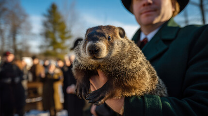 Groundhog held by a man in a green coat, surrounded by a crowd in winter attire, celebrating a festive tradition of predicting seasonal changes with copy space