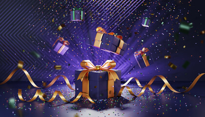 Festive Gift Boxes with Golden Ribbons and Confetti.