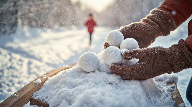 Hands in brown gloves gather snowballs on a wooden sled in a snowy landscape, with a child playing in the background, capturing the joy of winter fun and playfulness