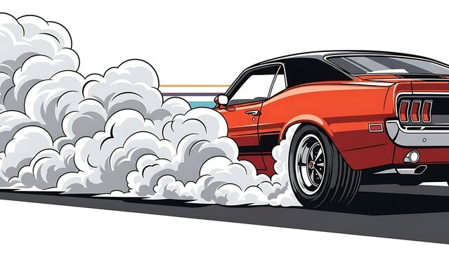 Vintage Muscle Car Performing a Burnout with Thick Smoke.