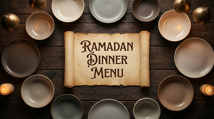 Ramadan Dinner Menu Scroll Surrounded by Empty Plates on a Wooden Table.