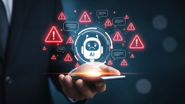 Businessman showing AI chatbot error with warning signs and system alerts.