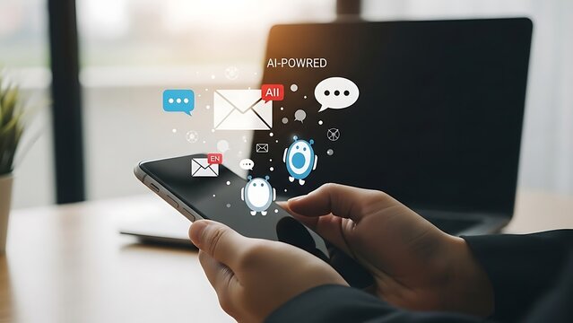 Businessman using AI powered chatbot on a smartphone for customer service and communication. - Powered by Adobe