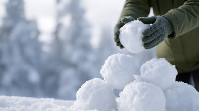 Individual wearing green gloves is crafting snowballs in a winter landscape, surrounded by a snowy environment, preparing for an exciting snowball fight concept