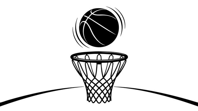 Minimalist basketball ball swish over hoop illustration, dynamic sports icon design on transparent background for posters and branding
