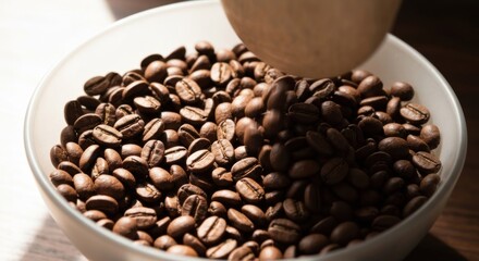Fototapeta premium Roasted coffee beans in a bowl, with a wooden spoon pouring more beans in