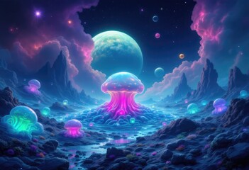 Alien Mushroom Planet Landscape with Glowing Orbs and Nebula Sky.