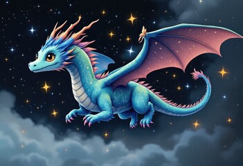 Baby Dragon Flying Night Sky Stars.