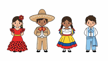 Diverse Latin American Children in Traditional Folk Costumes Illustration