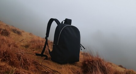 Backpack on a Hillside in Foggy Weather.